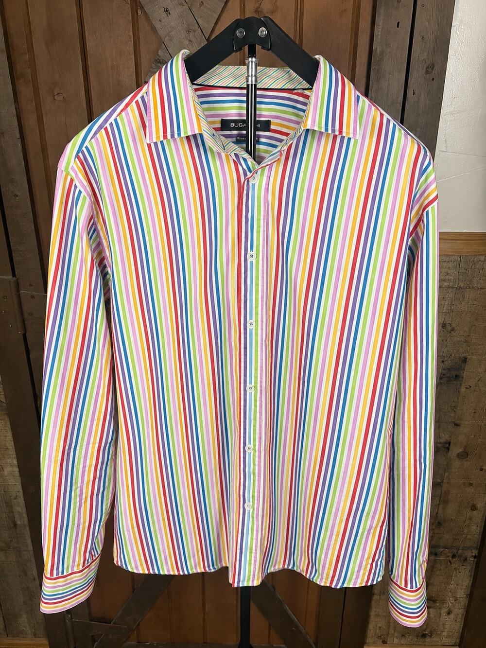 Bugatchi Shaped Fit Men’s Multicolor Rainbow Stripe Long Sleeve Shirt Cotton